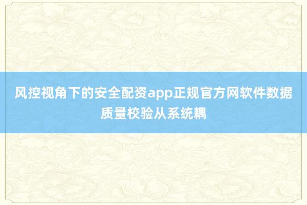 风控视角下的安全配资app正规官方网软件数据质量校验从系统耦